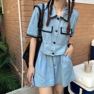 Short-sleeve Denim Shirt / A-line Skirt