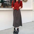 Collared Cardigan / Plaid Midi A-line Skirt