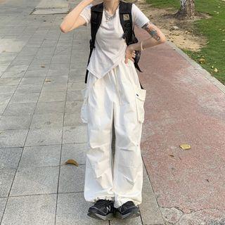 Couple Matching Drawstring Hem Cargo Wide Leg Pants