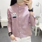 Cat Embroidered Striped Stand Collar Long-sleeve Shirt