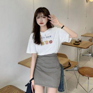 Set: Cartoon Print T-shirt + Plaid Mini A-line Skirt