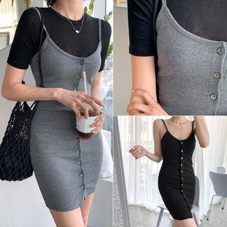 Spaghetti-strap Button-front Mini Bodycon Dress