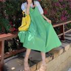 Short-sleeve Plaid Blouse / Midi A-line Overall Dress