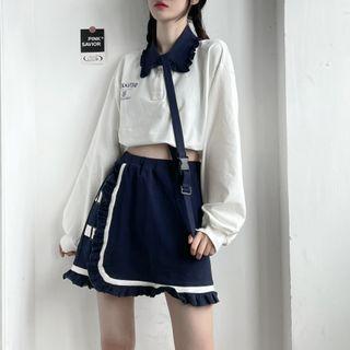 Long-sleeve Polo-collar Cropped Print Top / Ruffle Trim Color-block Short Skirt (various Designs)