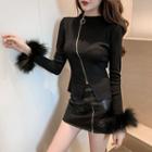 Plain Zip Faux Fur Long-sleeve Top / High-waist Faux Leather Skirt