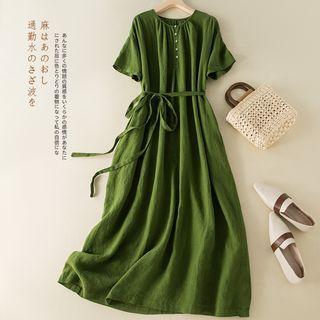Short-sleeve Sashed Linen A-line Midi Dress
