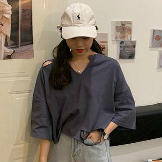 Stand Collar V-neck Cutout Cropped Top