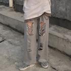 Distressed Straight-cut Casual Pants