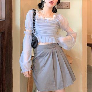 Long-sleeve Paneled Mesh Blouse / Mini A-line Skirt
