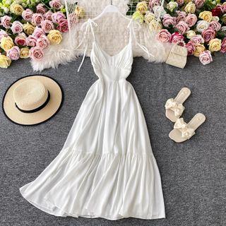 Tie-strap Slim-cut Plain Maxi Dress