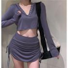 V-neck Long-sleeve Hooded Top / Drawstring Ruched Mini Skirt