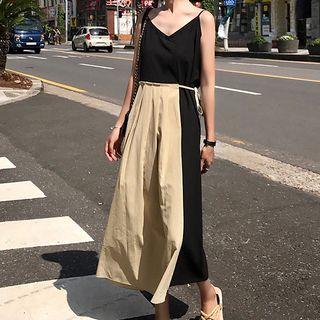Spaghetti-strap Pleated Panel Midi Dress