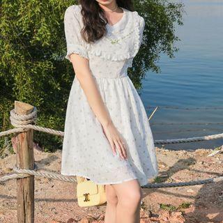 Short-sleeve Dot Embroidered Lace Trim Mini Dress White - One Size