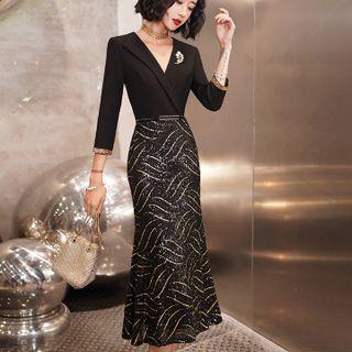 3/4-sleeve Sheath Midi Evening Dress