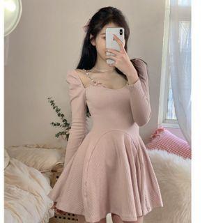 Long-sleeve Faux Pearl Chained A-line Dress Pink - One Size