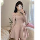 Long-sleeve Faux Pearl Chained A-line Dress Pink - One Size