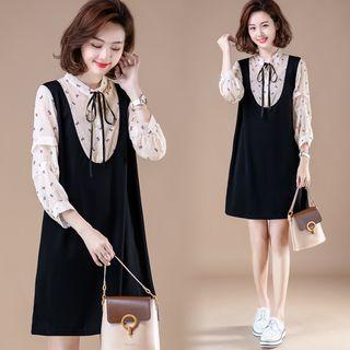 3/4-sleeve Mock Two-piece Mini A-line Dress