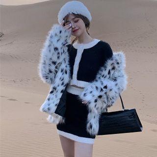 Contrast Trim Cropped Knit Cardigan / Mini Fitted Skirt