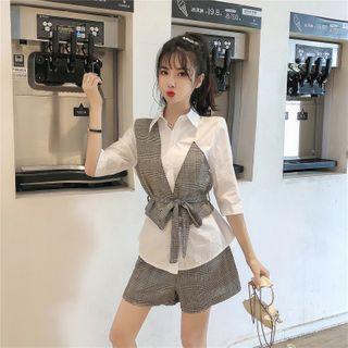 Set: Elbow-sleeve Plaid Panel Shirt + Shorts
