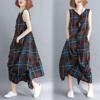 Sleeveless Plaid Midi Dress Plaid - Red - One Size