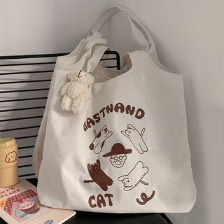 Cartoon Print Canvas Tote Bag / Bear Bag Charm / Set