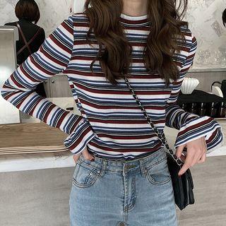 Flare-cuff Striped Ribbed T-shirt