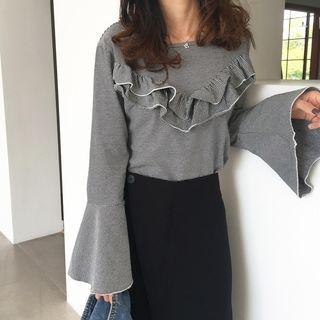Long-sleeve Ruffle-trim Striped T-shirt