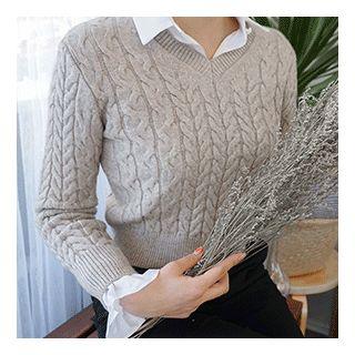 V-neck Cropped Cable Sweater
