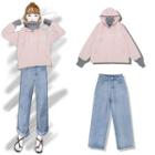 Mock Two-piece Hoodie / High-waist Straight-fit Jeans