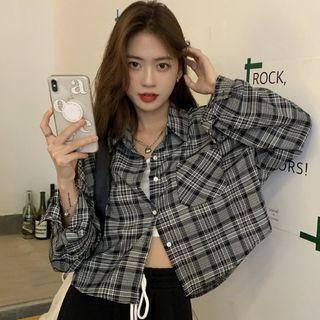 Plaid Cropped Long-sleeve Shirt As Shown In Figure - One Size