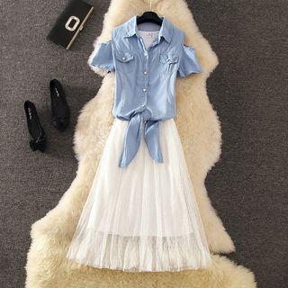 Denim Shirt / Sleeveless Overlay A-line Midi Dress / Set