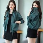Drawstring-cuff Zip-up Faux Leather Jacket