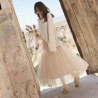 Flared-sleeve Sweater / Mesh Maxi A-line Skirt / Set