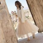 Flared-sleeve Sweater / Mesh Maxi A-line Skirt / Set
