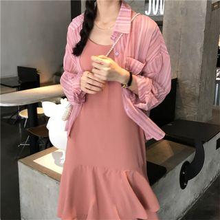 Spaghetti-strap Plain Layered Dress / Long-sleeve Striped Light Cardigan