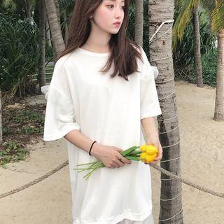 Mesh Hem Plain Elbow Sleeve Midi Dress