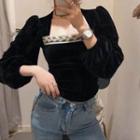 Puff-sleeve Lace Panel Velvet Cropped Blouse