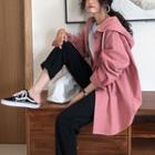 Long Sleeve Plain Hooded Shirt Jacket Pink - One Size