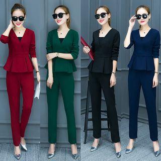 Set: V-neck Long Sleeve Peplum Top + Plain Pants