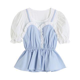 Puff-sleeve Mock Two-piece Ruffle Trim Blouse Blue - One Size