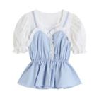 Puff-sleeve Mock Two-piece Ruffle Trim Blouse Blue - One Size