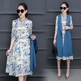 Set: Floral Chiffon Shirtdress + Long Vest