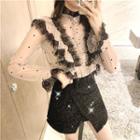 Lace Trim Dotted Mesh Blouse With Camisole / Mini A-line Skirt