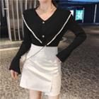 Long-sleeve Ruffle Trim Knit Top / Faux Leather Skirt