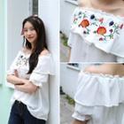 Ruffled Off-shoulder Flower-embroidered Top