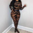 Tiger Print Mock-neck Long Sleeve See-through Jumpsuit