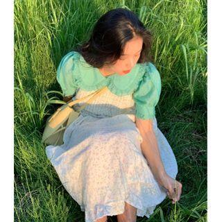 Puff-sleeve Ruffled Blouse / Floral Print Overall Dress