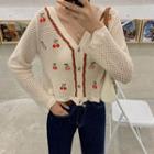 Long-sleeve Buttoned Embroidered Knit Top Almond - One Size