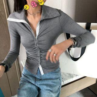 Long-sleeve Collar Ruched T-shirt