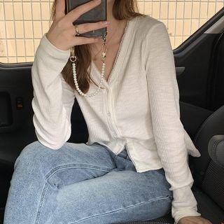 Long-sleeve V-neck Lace Trim Plain Knit Top